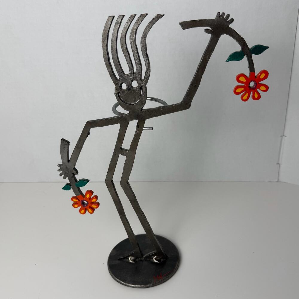 Handmade Metal Folk Art Candle Holder Whimsical Figure w Flowers Sculpture 11"